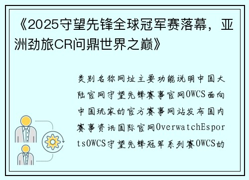 《2025守望先锋全球冠军赛落幕，亚洲劲旅CR问鼎世界之巅》